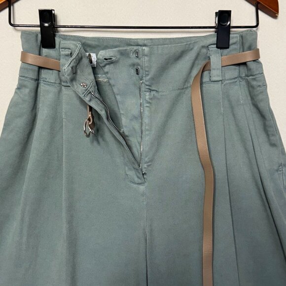 Peserico Sage Green Pleated Wide Leg Gaberdine Tan Silver Hardware Belted Pants - Picture 6 of 16